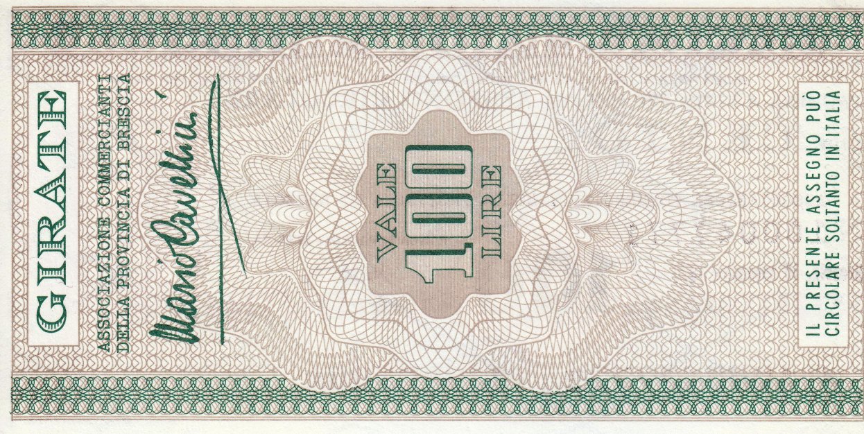 Реверс банкноты 100 Лир Banca S. Paolo - Брешия (Италия) 1976 года