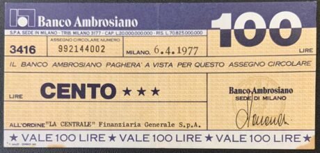 Аверс банкноты 100 lirów Banco Ambrosiano (Włochy) 1976