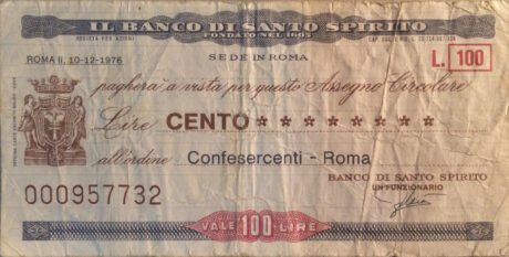 Аверс банкноты 100 lirów Banco di Santo Spirito (Włochy) 1976