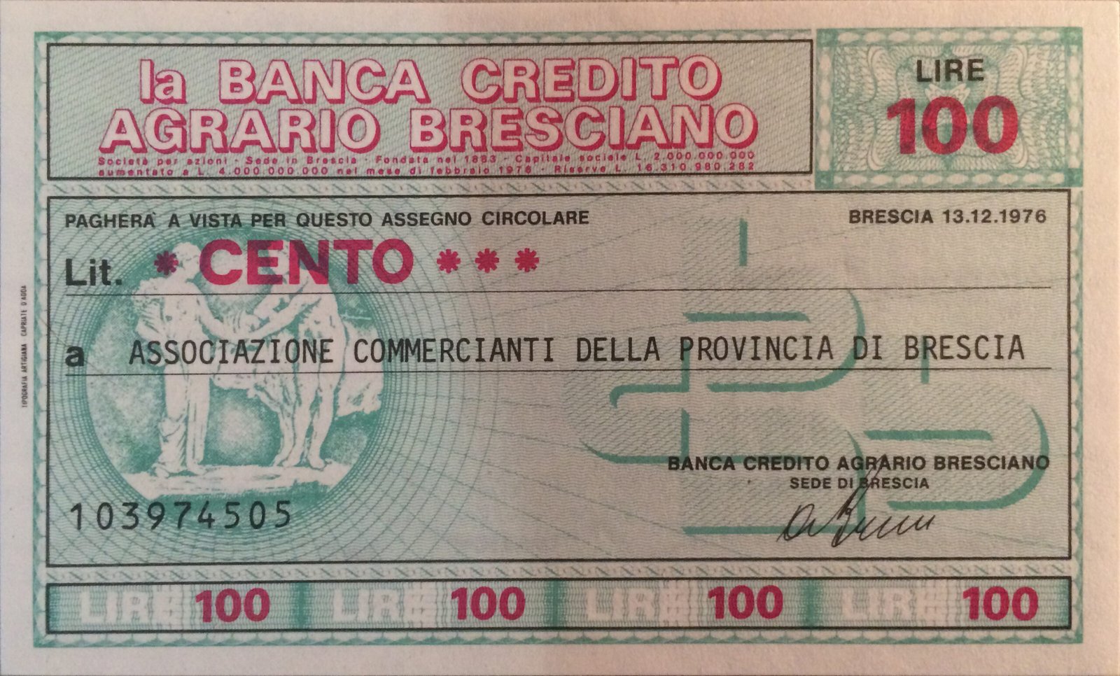 Аверс банкноты 100 лир Banca di Credito Agrario Брешиано (Италия) 1976 года