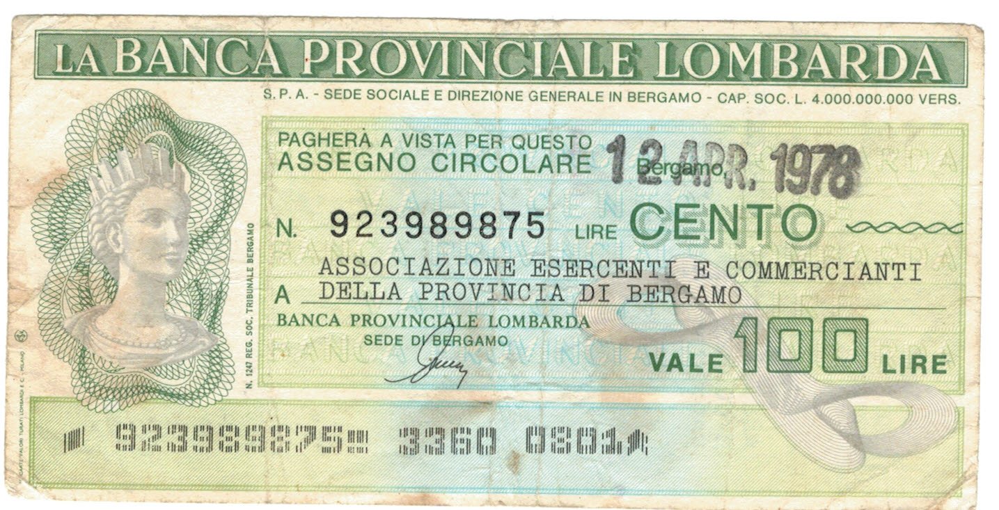 Аверс банкноты 100 Лир Banca Provinciale Lombarda (Италия) 1976 года