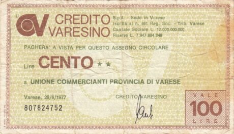 Аверс банкноты 100 lirów Credito Varecino (Włochy) 1976