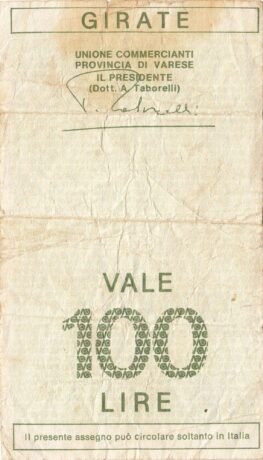 Реверс банкноты 100 lirów Credito Varecino (Włochy) 1976