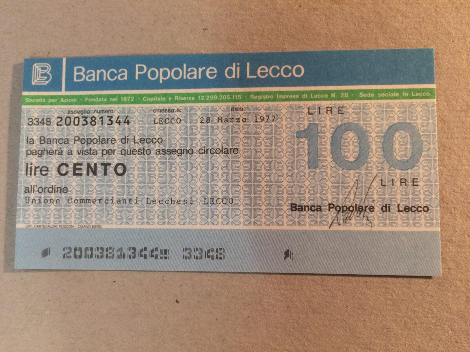 Аверс банкноты 100 лир Banca Popolare di Lecco (Италия) 1977 года