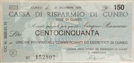 Аверс банкноты 150 lirów Cassa di Risparmio di Cuneo (Włochy) 1976
