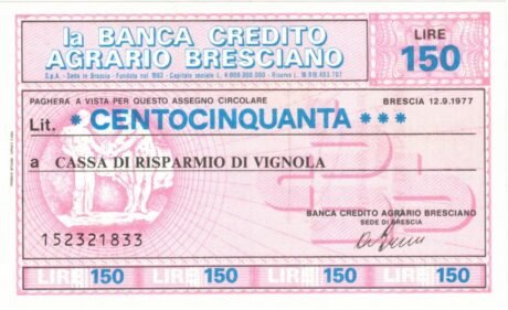 Аверс банкноты 150 Лир Banca Credito Agrario Брешиано (Италия) 1976 года
