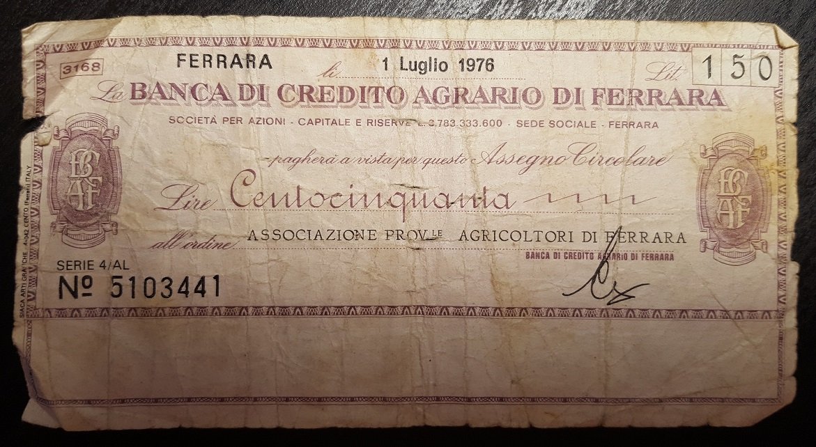 Аверс банкноты 150 лир Banca di Credito Agrario di Ferrara (Италия) 1976 года