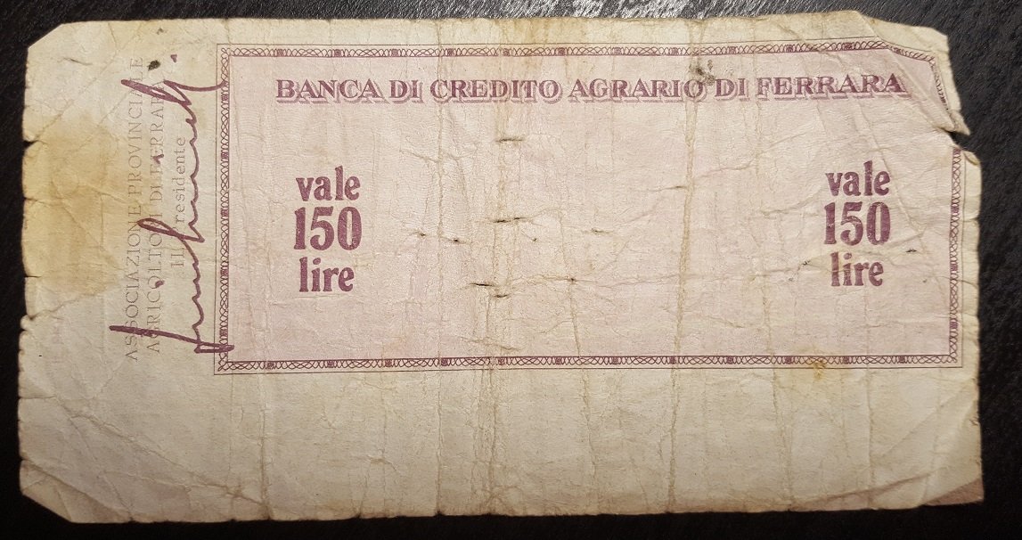 Реверс банкноты 150 лир Banca di Credito Agrario di Ferrara (Италия) 1976 года