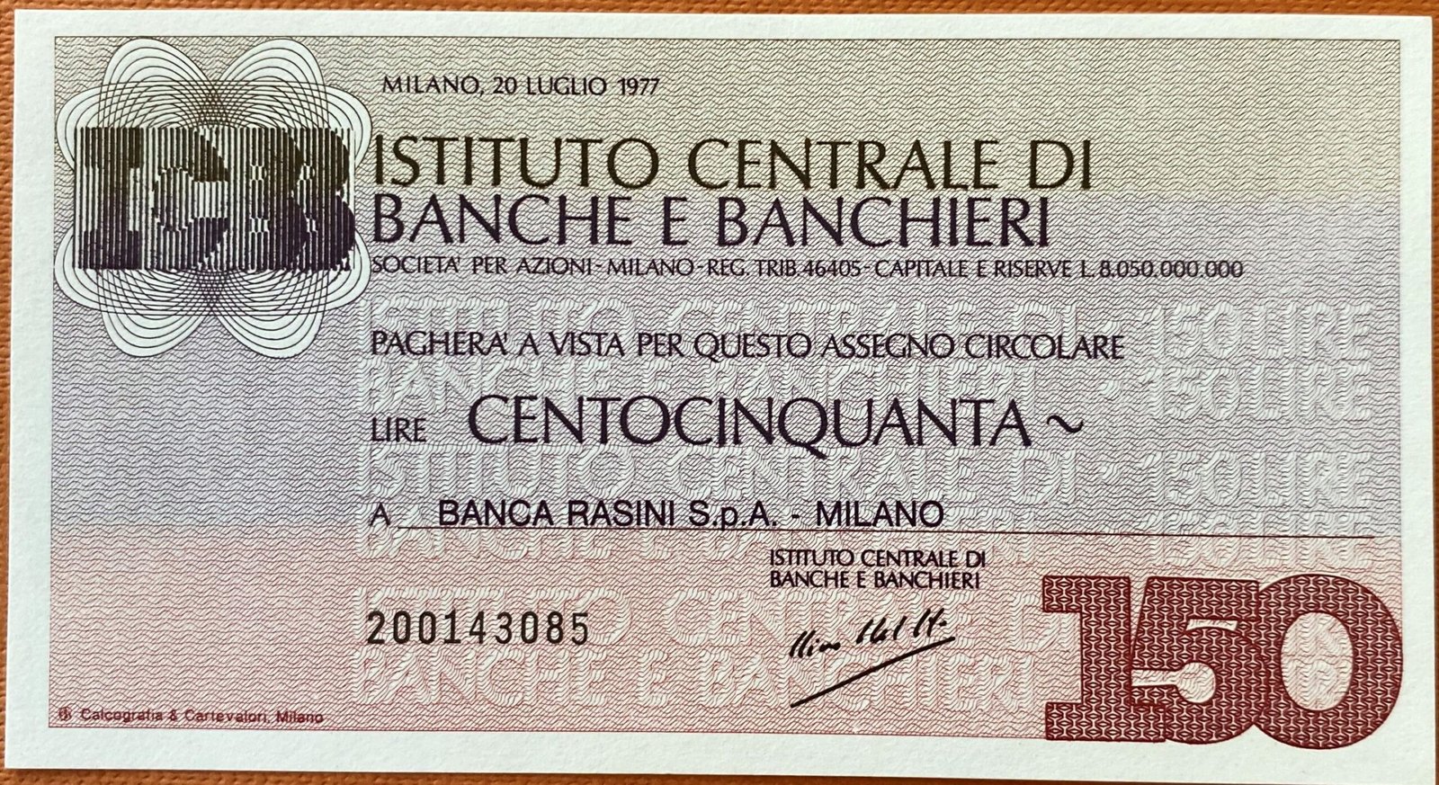 Аверс банкноты 150 лир Istituto Centrale di Banche e Banchieri (Италия) 1977 года