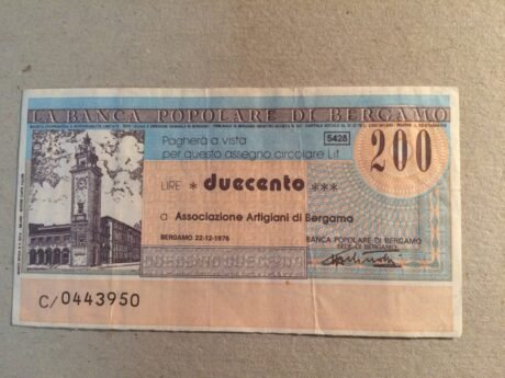 Аверс банкноты 200 lirów Banca Popolare di Bergamo (Włochy) 1976