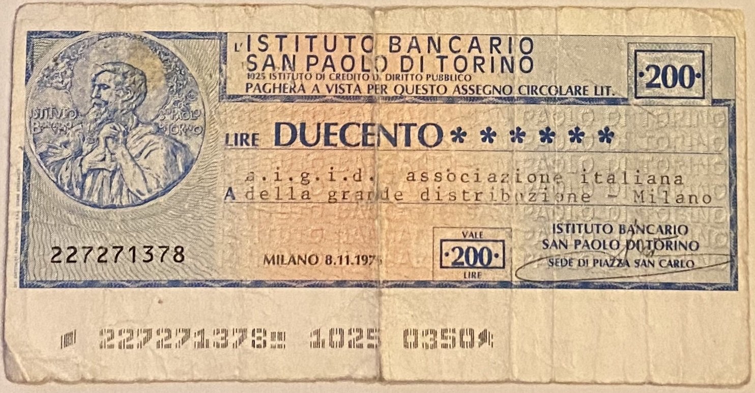 Аверс банкноты 200 лир Istituto Bancario San Paolo di Torino (Италия) 1976 года