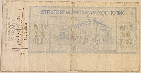 Реверс банкноты 200 lirów Istituto Bancario San Paolo di Torino (Włochy) 1976