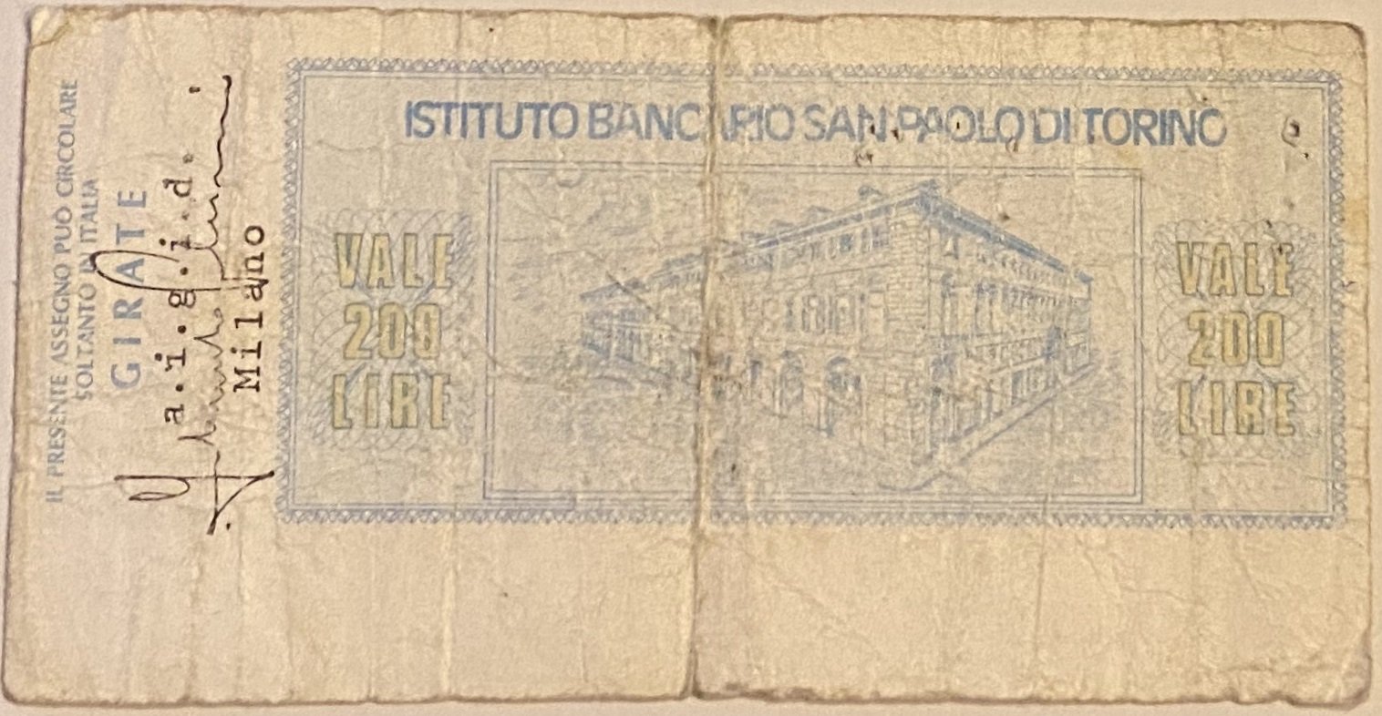 Реверс банкноты 200 лир Istituto Bancario San Paolo di Torino (Италия) 1976 года