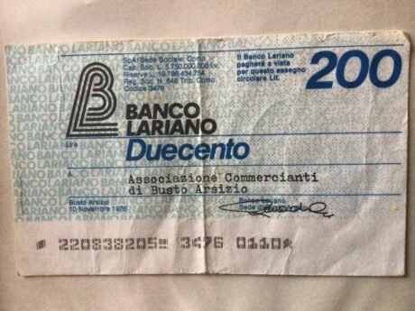 Аверс банкноты 200 lirów Banco Lariano (Włochy) 1976