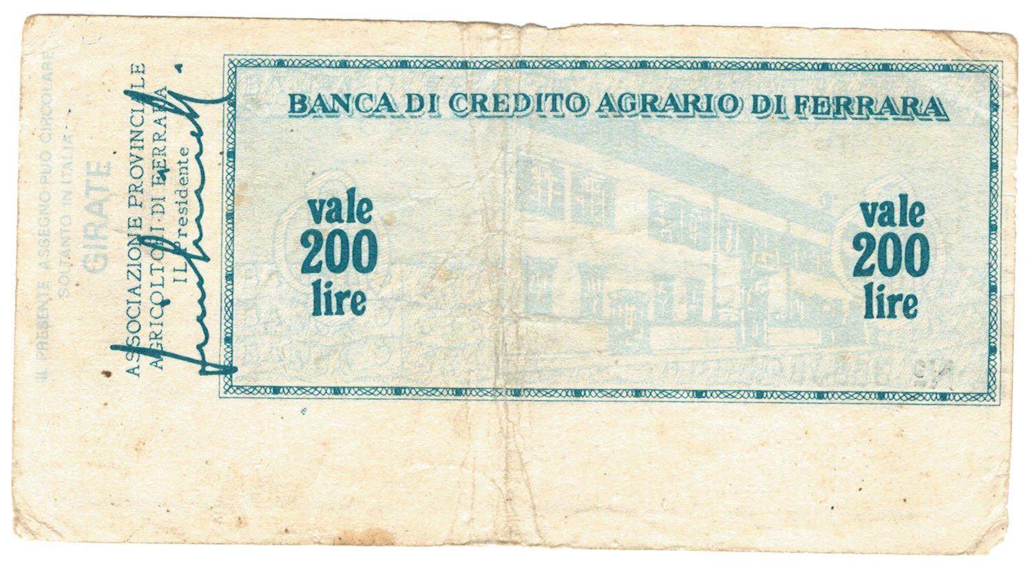 Реверс банкноты 200 лир Banca di Credito Agrario di Ferrara (Италия) 1976 года