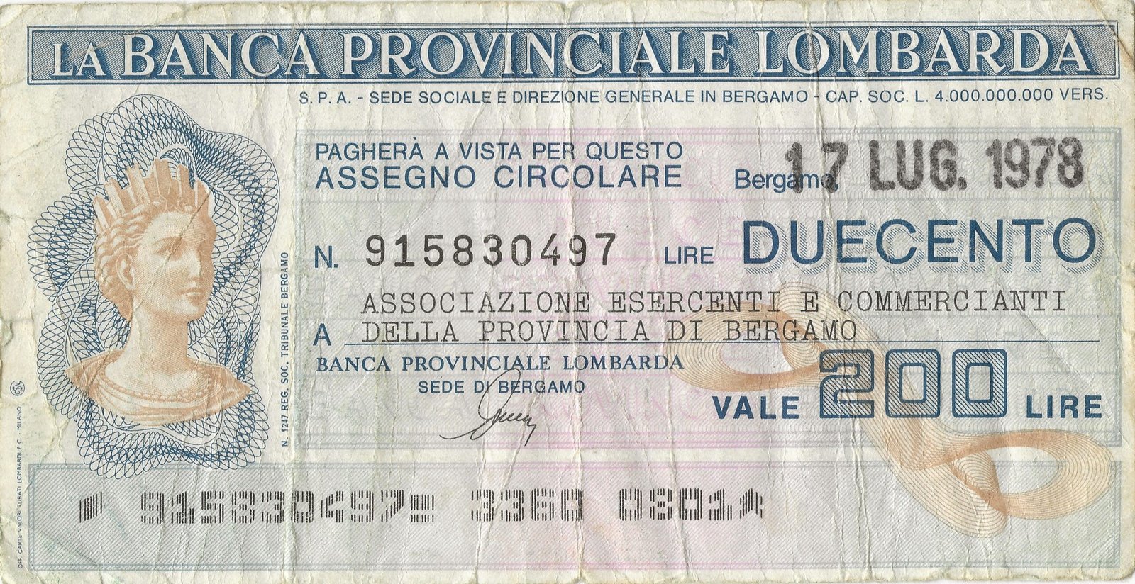 Аверс банкноты 200 лир Banca Provinciale Lombarda (Италия) 1976 года