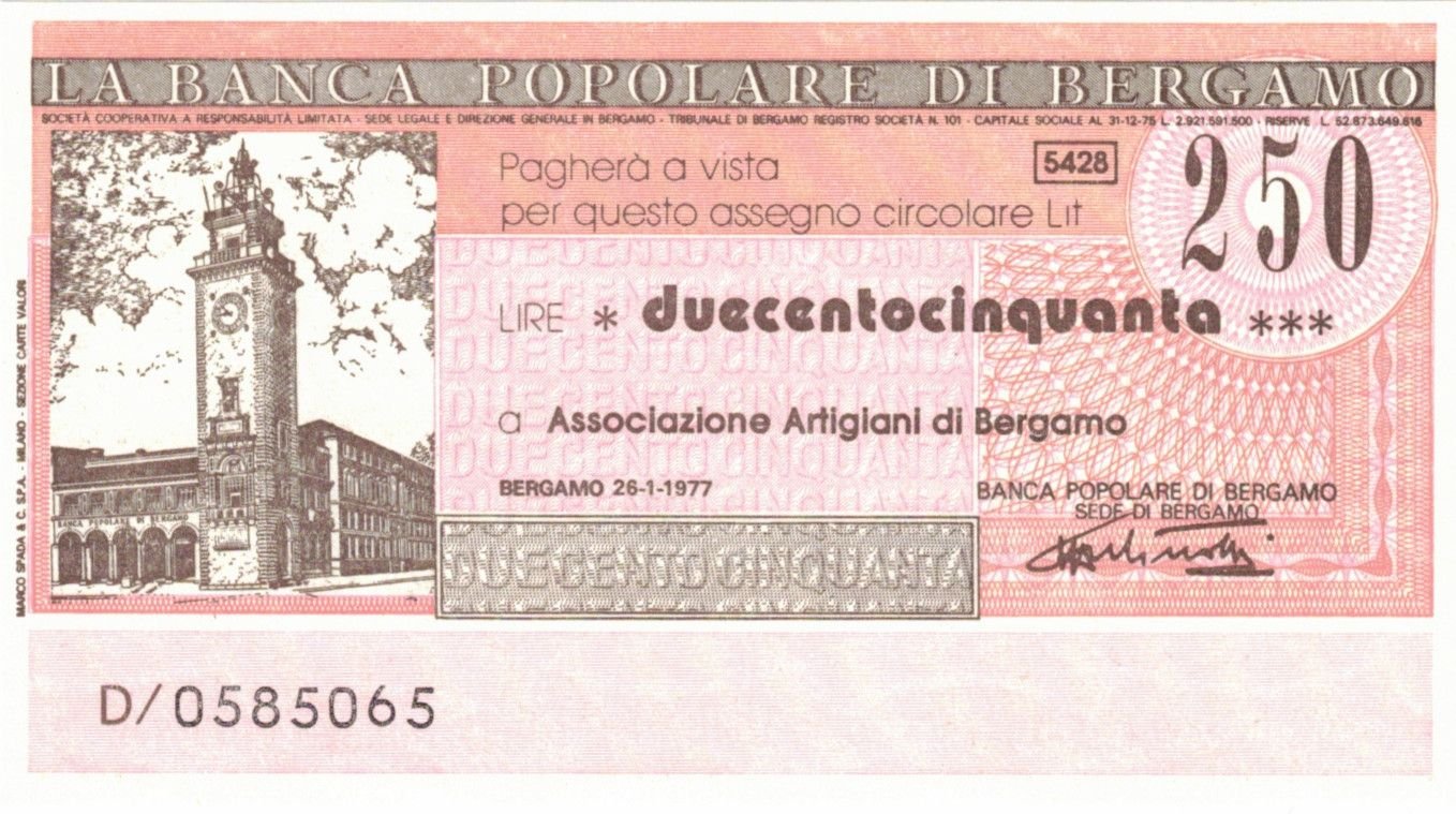 Аверс банкноты 250 лир Banca Popolare di Bergamo (Италия) 1976 года