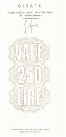 Реверс банкноты 250 lirów Banca Popolare di Bergamo (Włochy) 1976