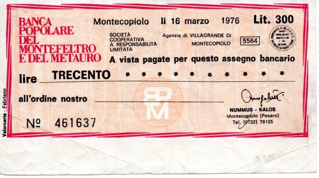 Аверс банкноты 300 лир Banca Popolare del Montefeltro e del Metauro (Италия) 1976 года