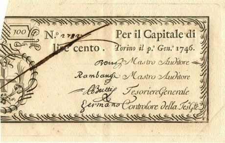 Аверс банкноты 100 лир (Италия) 1746 года