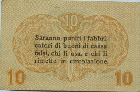 Реверс банкноты 10 centesimi Cassa Veneta dei Prestiti (Włochy) 1918