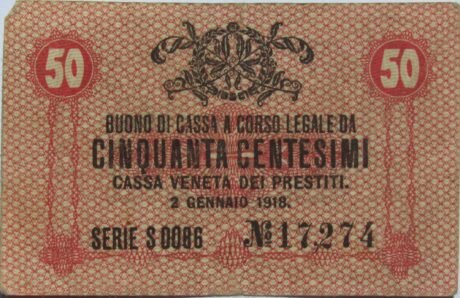 Аверс банкноты 50 centesimi Cassa Veneta dei Prestiti (Włochy) 1918