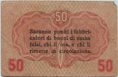 Реверс банкноты 50 centesimi Cassa Veneta dei Prestiti (Włochy) 1918