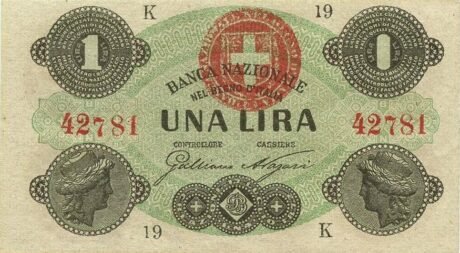 Аверс банкноты 1 лира (Италия) 1869 года