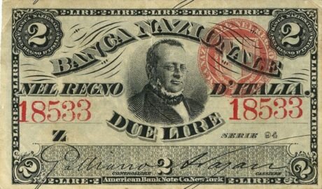 Аверс банкноты 2 лиры (Италия) 1866 года