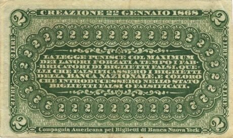 Реверс банкноты 2 лиры (Италия) 1866 года