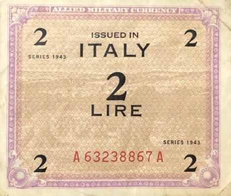 Аверс банкноты 2 лиры — военная валюта союзников (Италия) 1943 года