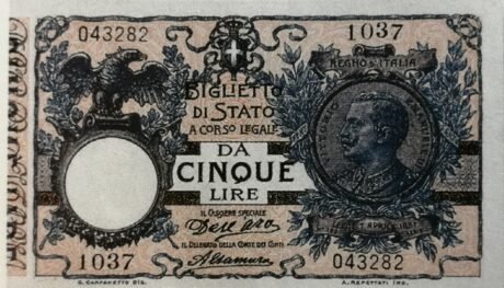 Аверс банкноты 5 lirów (Włochy) 1904