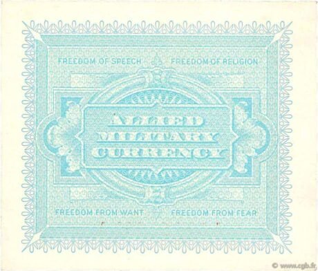 Реверс банкноты 5 лир — военная валюта союзников (Италия) 1943 года