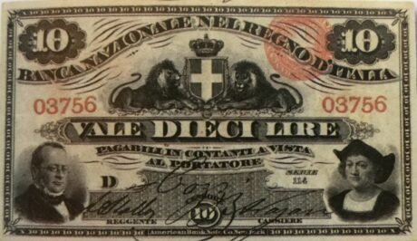 Аверс банкноты 10 лир (Италия) 1866 года