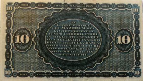 Реверс банкноты 10 лир (Италия) 1866 года