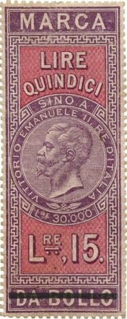 Аверс банкноты 15 лир (Италия) 1866 года