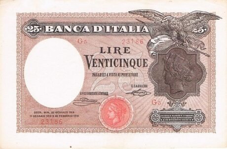 Аверс банкноты 25 лир (Италия) 1918 года