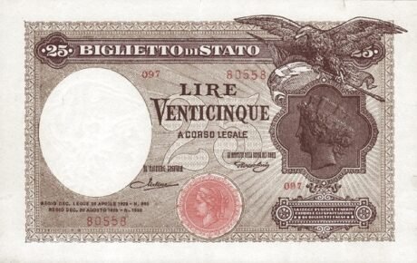 Аверс банкноты 25 лир (Италия) 1923 года