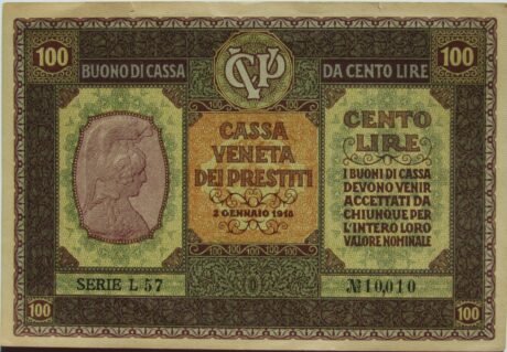 Аверс банкноты 100 lirów Cassa Veneta dei Prestiti (Włochy) 1918
