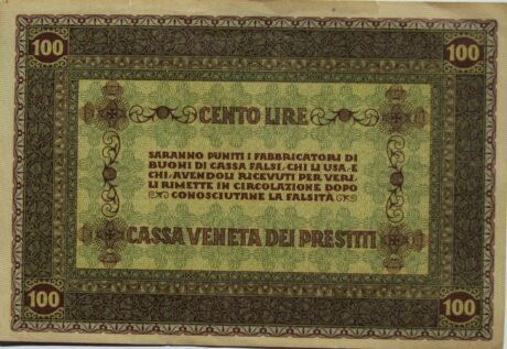 Реверс банкноты 100 lirów Cassa Veneta dei Prestiti (Włochy) 1918