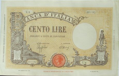 Аверс банкноты 100 лир "Grande B" Тестина и печати Фасцио (Италия) 1942 года