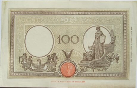 Реверс банкноты 100 лир "Grande B" Тестина и печати Фасцио (Италия) 1942 года