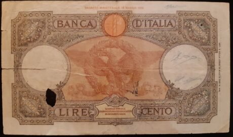 Реверс банкноты 100 lirów Capranesi L'Aquila (Włochy) 1942