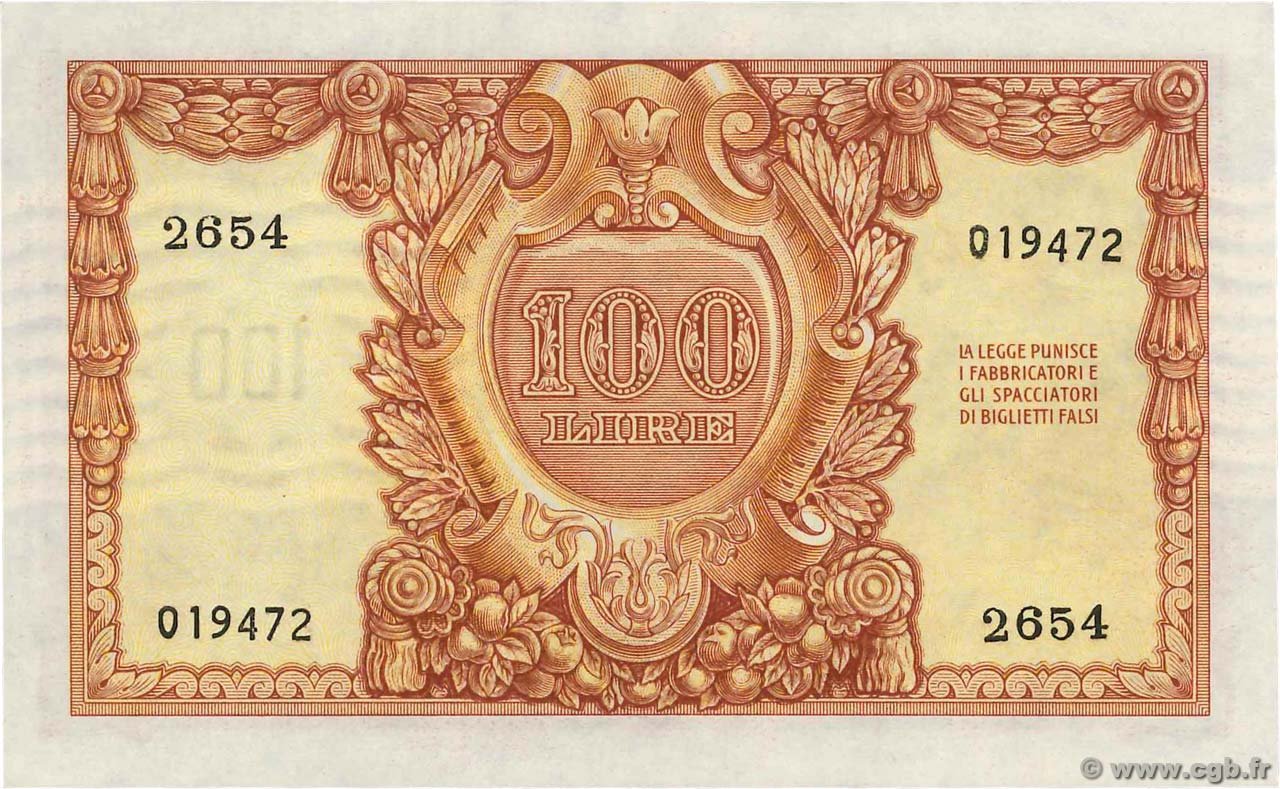 Реверс банкноты 100 лир (Италия) 1951 года