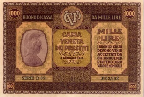 Аверс банкноты 1000 lirów Cassa Veneta dei Prestiti (Włochy) 1918