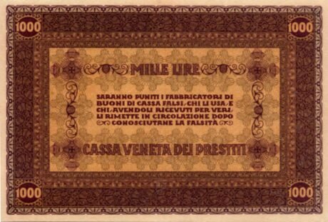 Реверс банкноты 1000 lirów Cassa Veneta dei Prestiti (Włochy) 1918
