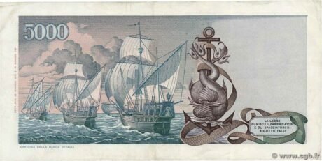 Реверс банкноты 5000 лир Коломбо 2-го типа (Италия) 1971 года
