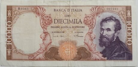 Аверс банкноты 10000 lirów autorstwa Michała Anioła (Włochy) 1962