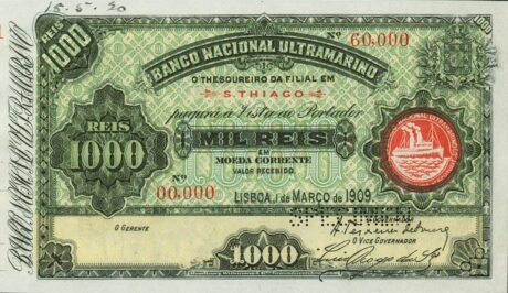 Аверс банкноты 1000 рейсов (Кабо-Верде) 1909 года