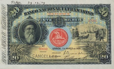 Аверс банкноты 20000 рейсов (Кабо-Верде (Острова Зеленого Мыса)) 1909 года